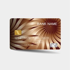  Credit card. With brown elements desing. And inspiration from abstract. On white background. Glossy plastic style. 
