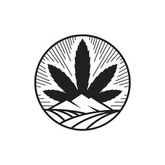 Cannabis leaf with mountain and field illustration inside circle shape logo design