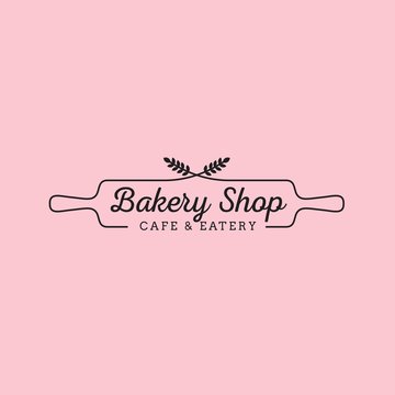 Simple feminine bakery logo design with wheat and wood rolling pin