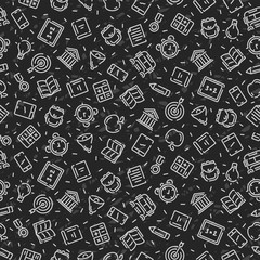 Back to school seamless pattern. Black blackboard background. School, office supplies. Doodle icons set. Simple modern design. Banner, poster template. Flat style vector illustration.