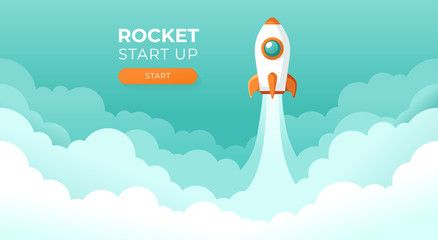 Naklejka na ściany i meble Rocket launch in the sky flying over clouds. Space ship in smoke clouds. Business concept. Start up template. Horizontal background. Simple modern cartoon design. Flat style vector illustration.