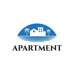 Sunset illustration with apartment or buildings and palm tree real estate logo design