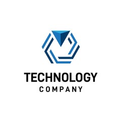 hexagon line logo design with blue triangle diamond on top