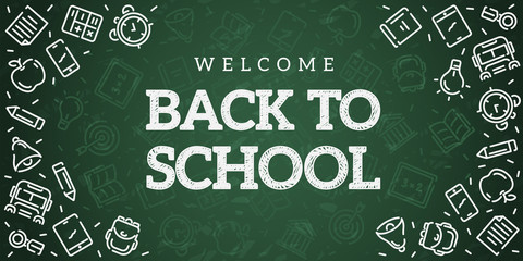 Back to school. Green blackboard background. School, office supplies. Doodle icons set and chalk inscription. Simple realistic design. Banner, poster template. Flat style vector illustration.