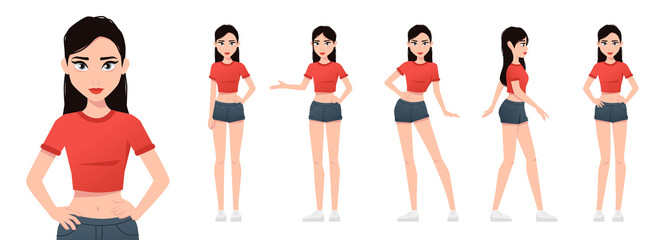 Girl character set isolated on a white background. Various poses. Woman dressed in shorts and a T-shirt. Mouth and body animation. Cute simple cartoon design. Flat style vector illustration.