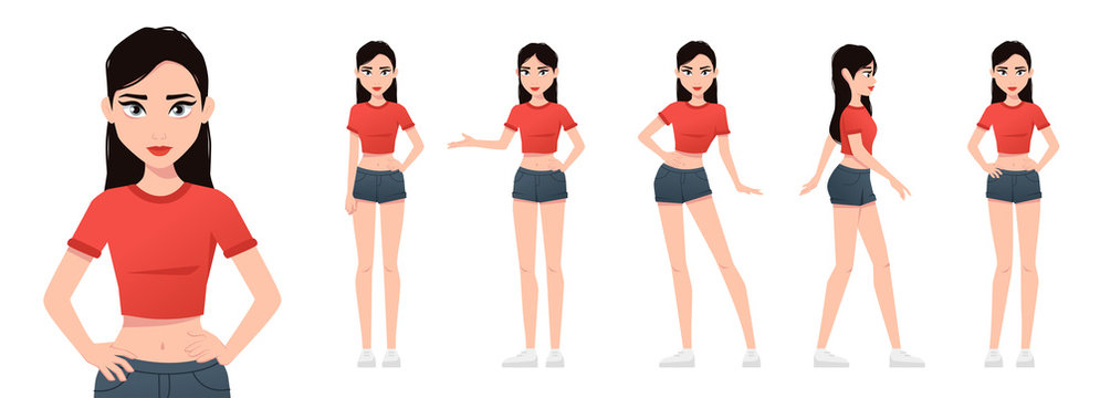 Girl character set isolated on a white background. Various poses. Woman dressed in shorts and a T-shirt. Mouth and body animation. Cute simple cartoon design. Flat style vector illustration.