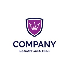 Luxury purple kingdom shield logo design with crown graphics