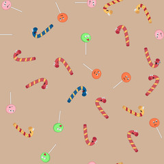 Colorful seamless pattern with cartoon sweets. Trendy vector background for design.