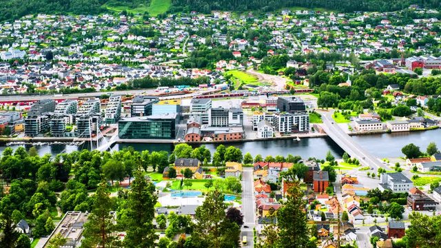 Drammen, Norway. Aerial view of the city center of Drammen, Norway during a sunny summer day. Time-lapse of car traffic and river