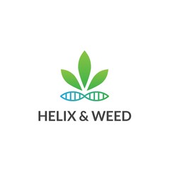 Cannabis logo design with hemp leaf and horizontal helix dna graphics