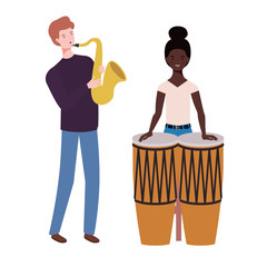 couple of people with musicals instruments on white background
