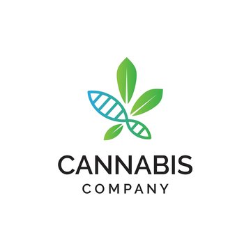 Cannabis logo design with hemp leaf and diagonal helix dna graphics