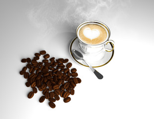 cup of coffee with beans on white background