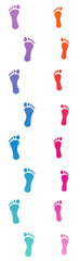 Fototapeta na wymiar Footprints of a barefoot love couple. Romantic and colorful footsteps on their way to happiness. Isolated vector illustration on white background.