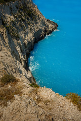 very beautiful view of the beach and the blue Mediterranean Sea. view from the mountain. Lefkada, Greece