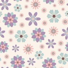 Seamless pattern of purple, blue and pink flowers on a cream background.