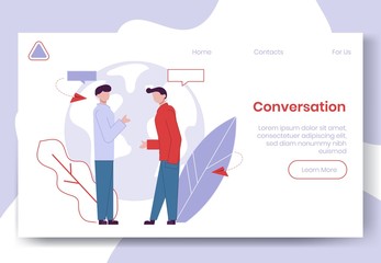 Modern cartoon flat people characters talking, colourful contour style. Colorful character people in conversation. Friendly conversation on landing page banner web online concept,ready to use design