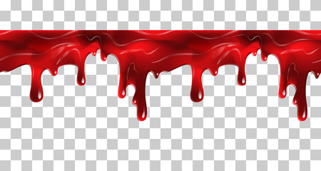 Dripping seamless blood. Flow liquid, drip wet. Thick red ketchup or jam flow down Halloween concept: Blood dripping - Seamless Vector on transparent background