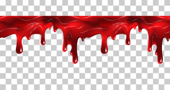 Dripping seamless blood. Flow liquid, drip wet. Thick red ketchup or jam flow down Halloween concept: Blood dripping - Seamless Vector on transparent background