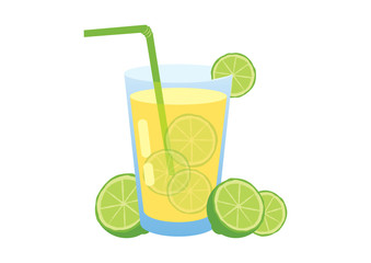 Glass of lemonade with lemons vector. Halved lemon vector. Glass of lemonade isolated on a white background. Lemon slice icon. Green lime vector