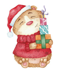 Cute hamster in red sweater and hat with gifts. Watercolor illustration for Christmas card design on white isolated