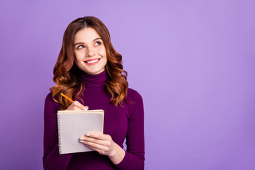 Portrait of charming college people holding hand pencil having thoughts isolated over purple violet...