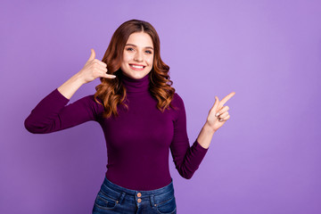 Portrait of confident cheerful lady promoting having dialogue calling wear denim jeans isolated...