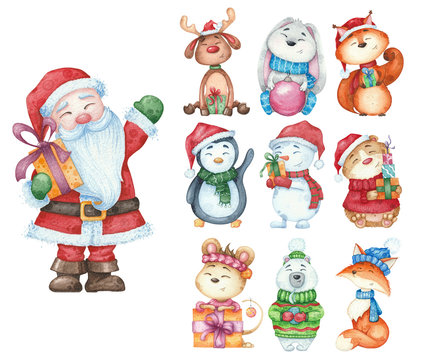 Big set of New Year animals and santa claus isolated. Watercolor illustration fox, snowman, mouse, deer, penguin, bear for Christmas card design.