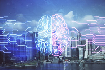 Brain hologram drawing on cityscape background multi exposure. Ai in modern city concept.