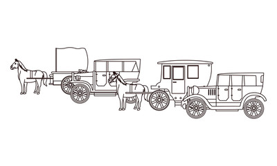 Classic cars and horse carriages vehicles in black and white