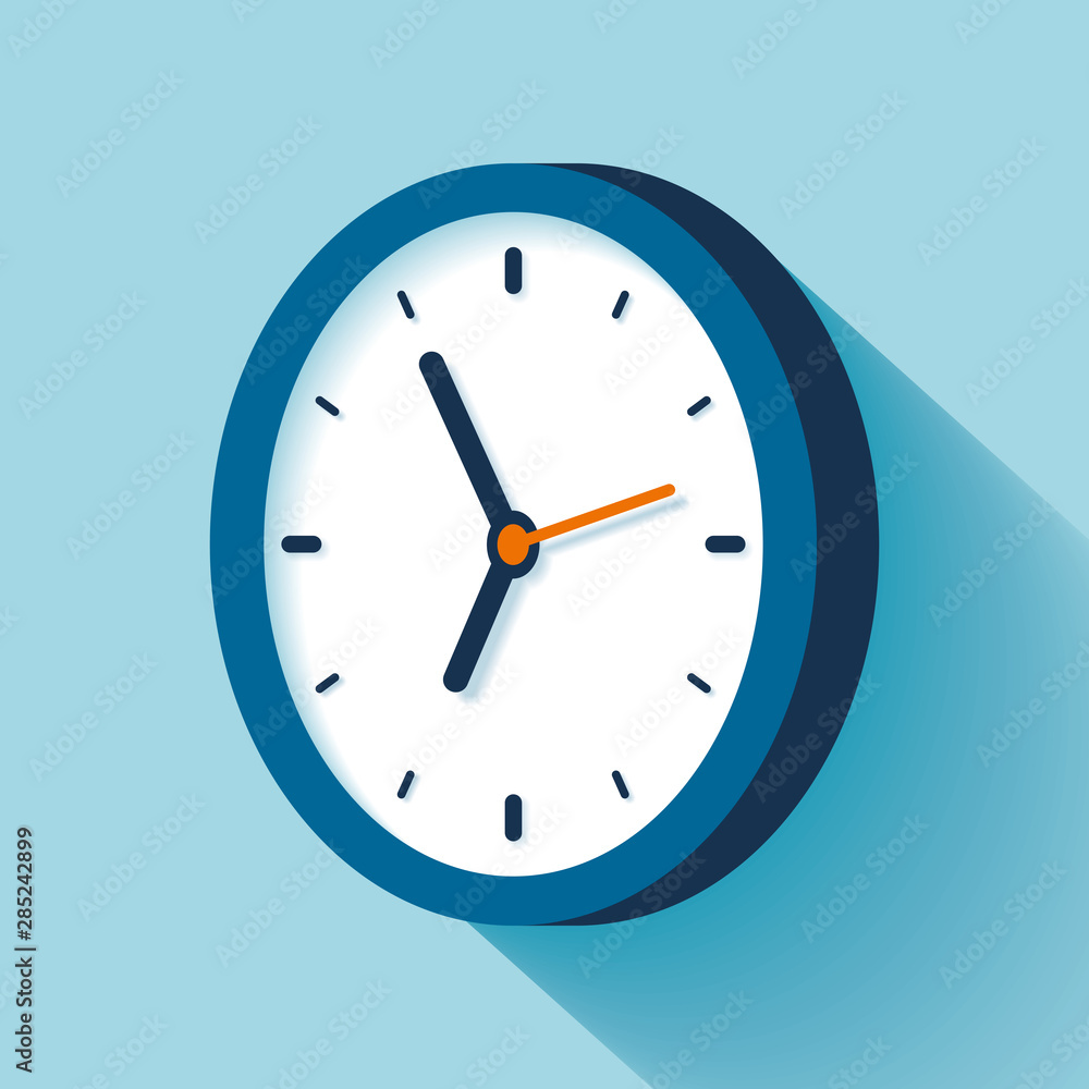 Poster 3d clock icon in flat style, timer on blue background. business watch. vector design element for you