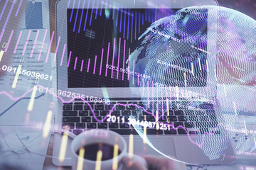 Multi exposure of forex chart and work space with computer. Concept of international online trading.
