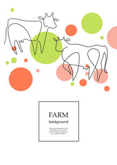 Agricultural background with cows and circles. Drawings in one line.