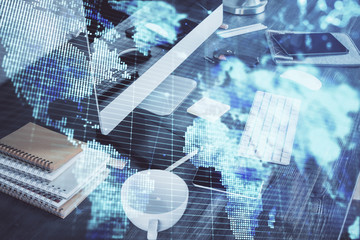 Multi exposure of business theme icons and table with computer background. Concept of success.