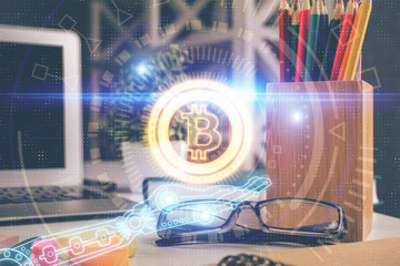 Crypto theme hologram with glasses on the table background. Concept of blockchain. Double exposure.