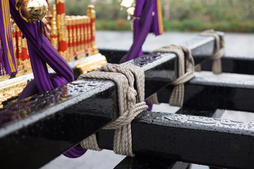 Chiba, Japan, 08/20/2019 , detail of the rope that binds the structure that supports the Mikoshi, the portable shrine used in the Samugawa shrine Reitaisai event.