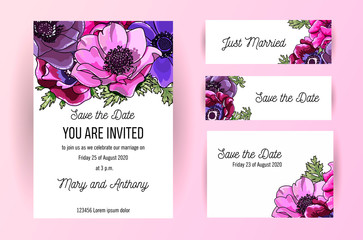 Set of wedding invitation card with anemone hand drawn flowers illustration. A5 wedding invitation design template on pink background.