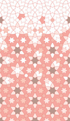 Living coral islamic vector seamless pattern. Geometric halftone texture with color tile disintegration or breaking