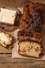 Barmbrack or bairin breac is a traditional Irish sweet yeast bread with grapes and raisins, often eaten with afternoon tea butter and traditionally served on Halloween.