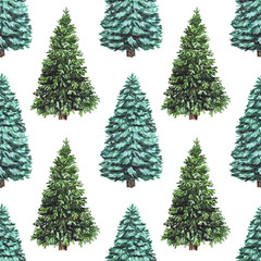 Watercolor seamless christmas pattern with christmas tree for winter holidays design, perfect for wallpaper and scrapbooking