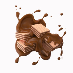 Wafers cubes with chocolate splash, include Clipping path 3d illustration.
