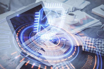 Double exposure of forex chart with man working on computer on background. Concept of market analysis.