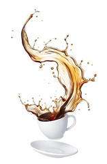 Pouring and splash coffee in white cup, Isolated on white background with clipping path, 3d rendering. - obrazy, fototapety, plakaty