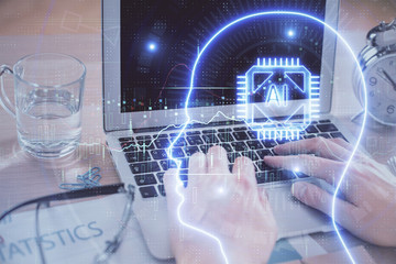 Man typing on keyboard background with brain hologram. Concept of big Data.