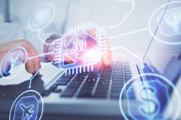 Businessman with computer background with technology theme hologram. Concept of big data. Double exposure.