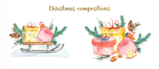 Watercolor composition merry christmas spruce sleigh gifts