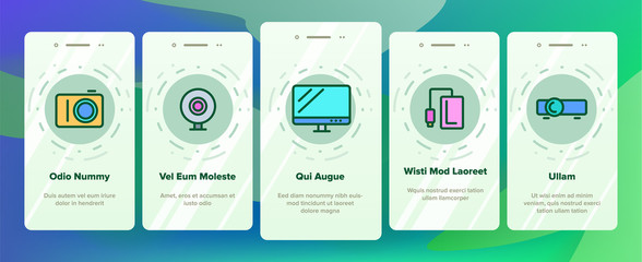 Color Different Devices Vector Onboarding Mobile App Page Screen. Laptop And Computer, Smartphone And Music Dynamic, Tv And Photo Video Camera Devices Linear Pictograms. Contour Illustrations