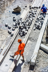 Baustelle, Bauarbeiter, Strassenbau, Gleisbau, Pflastersteine