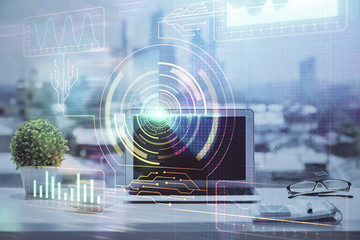 Multi exposure of table with computer on background and data theme drawing. Concept of innovation.