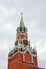 Spasskaya tower of Moscow Kremlin on Red Square in Russia. Kremlin building details with main russian symbol in Moscow city, capital of Russia 